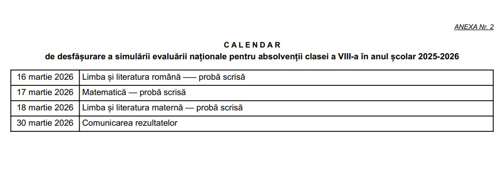 CALENDAR SIMULARE EN VIII 2026